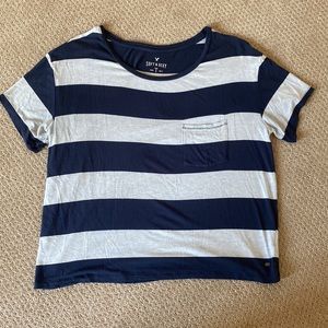 American Eagle Soft & Sexy Boxy Pocket Tee - Blue/Gray Stripes